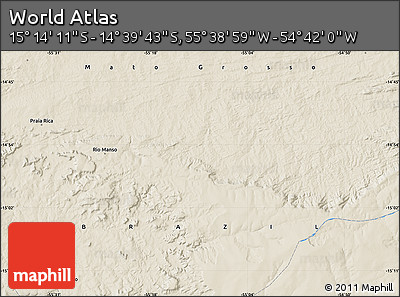 Shaded Relief Map of the Area around 14° 56' 57" S, 55° 10' 29" W