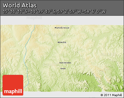Physical 3D Map of the Area around 14° 56' 57" S, 58° 34' 30" W