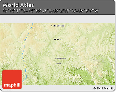 Physical 3D Map of the Area around 14° 56' 57" S, 58° 34' 30" W