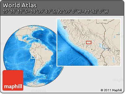 Shaded Relief Location Map of the Area around 14° 56' 57" S, 72° 10' 30" W