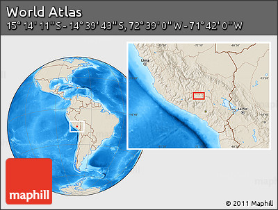 Shaded Relief Location Map of the Area around 14° 56' 57" S, 72° 10' 30" W