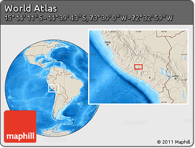 Shaded Relief Location Map of the Area around 14° 56' 57" S, 73° 1' 30" W