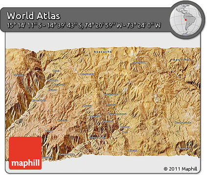 Satellite 3D Map of the Area around 14° 56' 57" S, 73° 52' 30" W