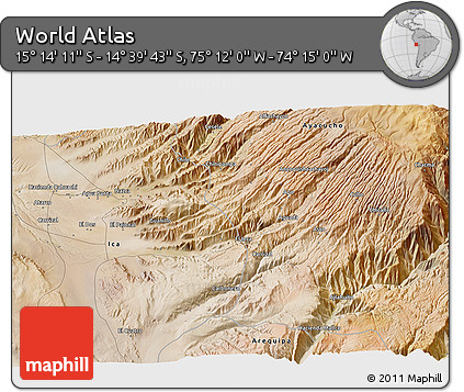 Satellite 3D Map of the Area around 14° 56' 57" S, 74° 43' 29" W