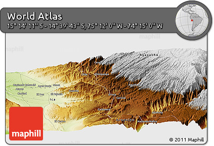 Physical Panoramic Map of the Area around 14° 56' 57" S, 74° 43' 29" W