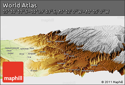 Physical Panoramic Map of the Area around 14° 56' 57" S, 74° 43' 29" W
