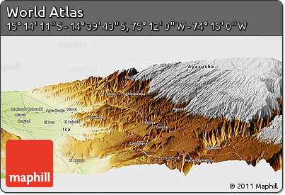 Physical Panoramic Map of the Area around 14° 56' 57" S, 74° 43' 29" W