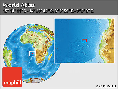 Physical Location Map of the Area around 14° 56' 57" S, 8° 34' 29" E