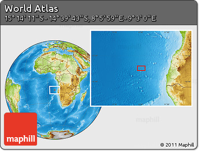 Physical Location Map of the Area around 14° 56' 57" S, 8° 34' 29" E