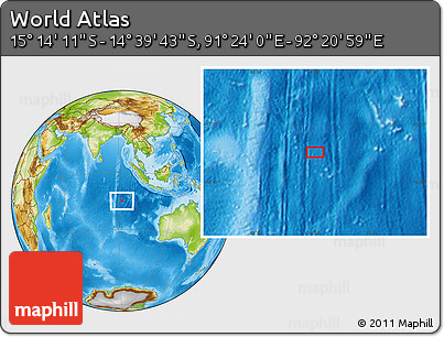 Physical Location Map of the Area around 14° 56' 57" S, 91° 52' 30" E