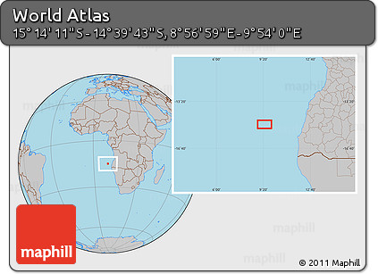 Gray Location Map of the Area around 14° 56' 57" S, 9° 25' 30" E