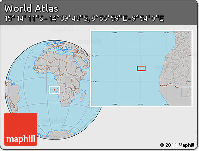 Gray Location Map of the Area around 14° 56' 57" S, 9° 25' 30" E