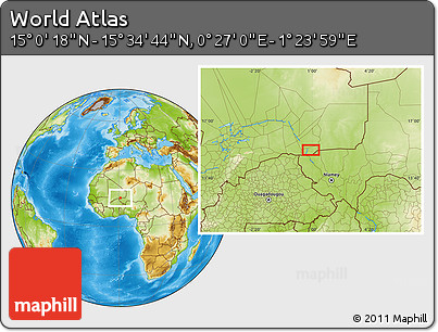 Physical Location Map of the Area around 15° 17' 31" N, 0° 55' 29" E