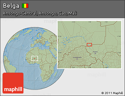 Savanna Style Location Map of Belga, hill shading