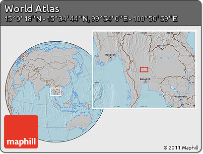 Gray Location Map of the Area around 15° 17' 31" N, 100° 22' 30" E, hill shading