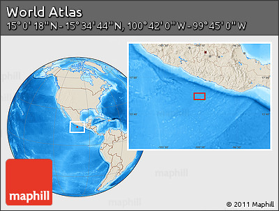 Shaded Relief Location Map of the Area around 15° 17' 31" N, 100° 13' 29" W