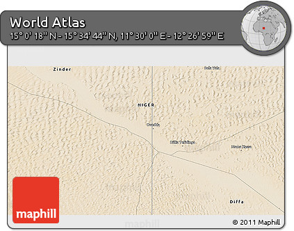 Satellite 3D Map of the Area around 15° 17' 31" N, 11° 58' 29" E