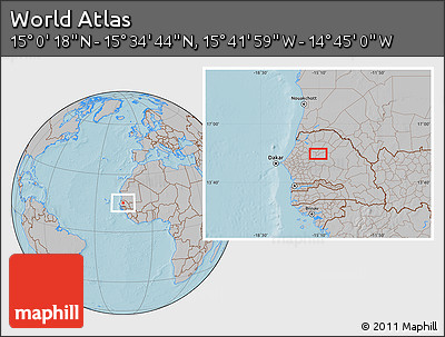 Gray Location Map of the Area around 15° 17' 31" N, 15° 13' 29" W, hill shading