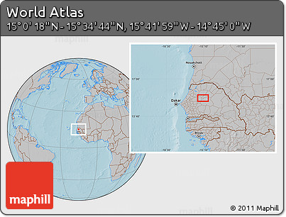 Gray Location Map of the Area around 15° 17' 31" N, 15° 13' 29" W, hill shading