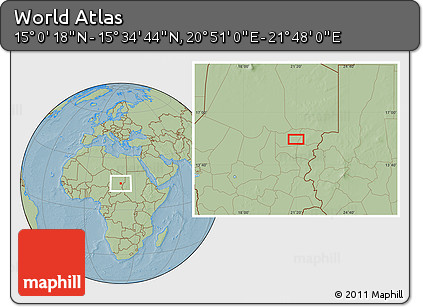 Savanna Style Location Map of the Area around 15° 17' 31" N, 21° 19' 30" E, hill shading