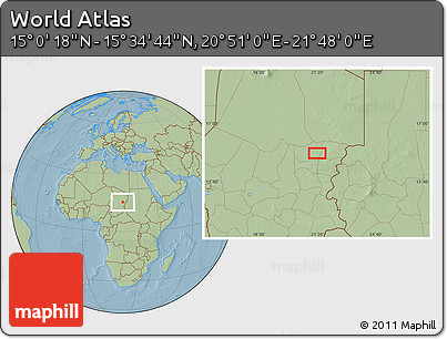 Savanna Style Location Map of the Area around 15° 17' 31" N, 21° 19' 30" E, hill shading