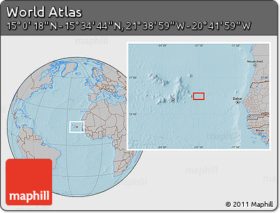 Gray Location Map of the Area around 15° 17' 31" N, 21° 10' 29" W, hill shading