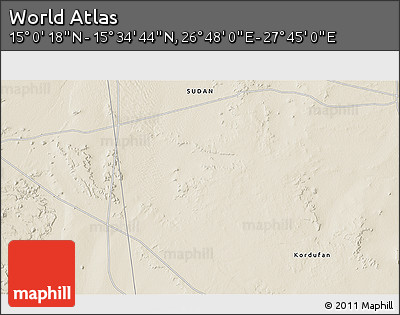 Shaded Relief 3D Map of the Area around 15° 17' 31" N, 27° 16' 29" E