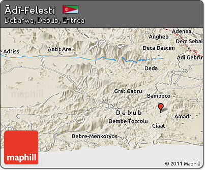 Shaded Relief Panoramic Map of Ādī-Felesti