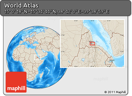 Shaded Relief Location Map of the Area around 15° 17' 31" N, 39° 10' 29" E