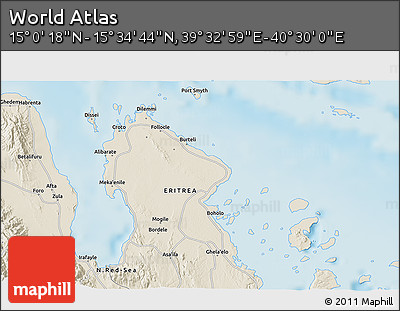 Shaded Relief 3D Map of the Area around 15° 17' 31" N, 40° 1' 29" E