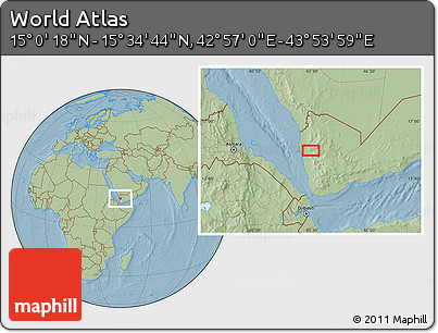 Savanna Style Location Map of the Area around 15° 17' 31" N, 43° 25' 29" E, hill shading