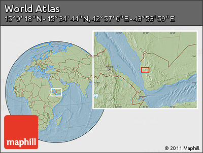 Savanna Style Location Map of the Area around 15° 17' 31" N, 43° 25' 29" E, hill shading