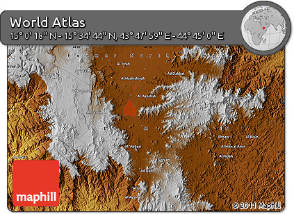 Physical Map of the Area around 15° 17' 31" N, 44° 16' 29" E
