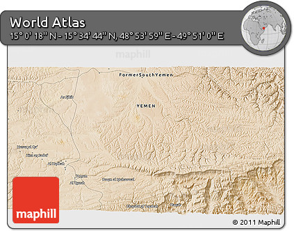 Satellite 3D Map of the Area around 15° 17' 31" N, 49° 22' 30" E