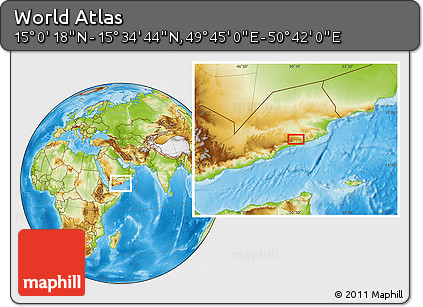 Physical Location Map of the Area around 15° 17' 31" N, 50° 13' 30" E
