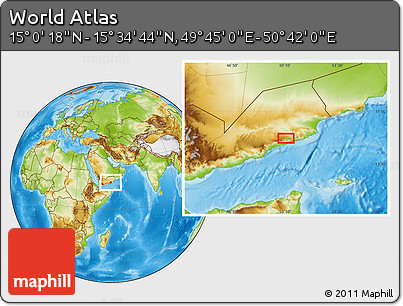 Physical Location Map of the Area around 15° 17' 31" N, 50° 13' 30" E