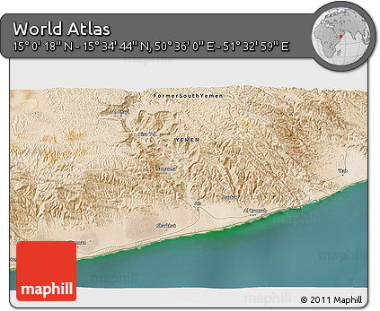 Satellite 3D Map of the Area around 15° 17' 31" N, 51° 4' 30" E