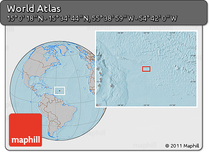 Gray Location Map of the Area around 15° 17' 31" N, 55° 10' 29" W, hill shading