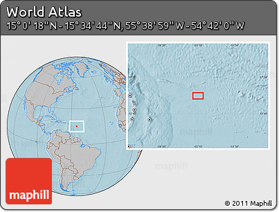Gray Location Map of the Area around 15° 17' 31" N, 55° 10' 29" W, hill shading