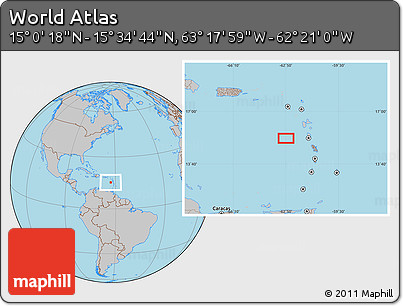 Gray Location Map of the Area around 15° 17' 31" N, 62° 49' 30" W