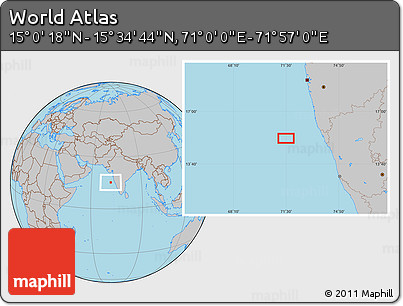 Gray Location Map of the Area around 15° 17' 31" N, 71° 28' 29" E