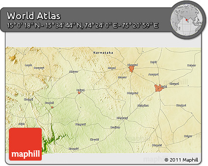 Physical 3D Map of the Area around 15° 17' 31" N, 74° 52' 30" E