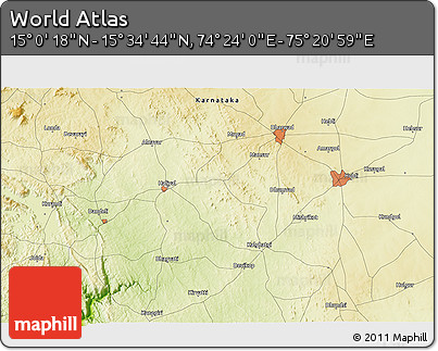 Physical 3D Map of the Area around 15° 17' 31" N, 74° 52' 30" E