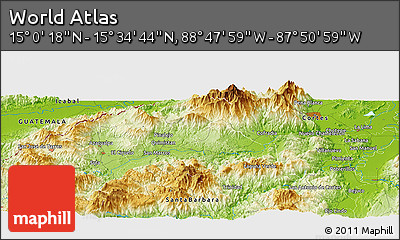 Physical Panoramic Map of the Area around 15° 17' 31" N, 88° 19' 29" W