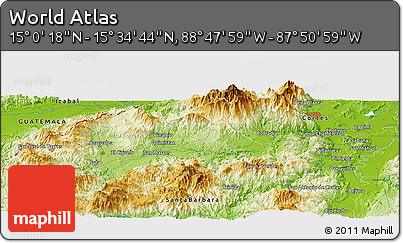 Physical Panoramic Map of the Area around 15° 17' 31" N, 88° 19' 29" W