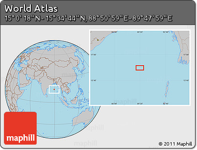 Gray Location Map of the Area around 15° 17' 31" N, 89° 19' 29" E