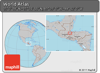Gray Location Map of the Area around 15° 17' 31" N, 89° 10' 30" W