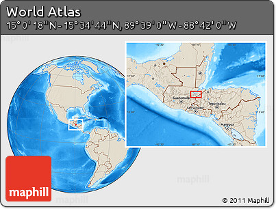 Shaded Relief Location Map of the Area around 15° 17' 31" N, 89° 10' 30" W