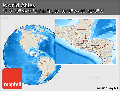 Shaded Relief Location Map of the Area around 15° 17' 31" N, 89° 10' 30" W