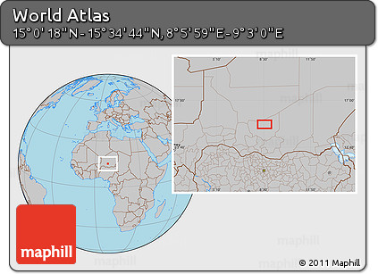 Gray Location Map of the Area around 15° 17' 31" N, 8° 34' 29" E